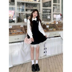 批发两件套#带胸针黑色<b class='q'>连衣裙</b>女秋季网纱撞色公主蓬蓬裙+白色上衣