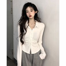 批发设计感褶皱长袖T恤秋冬季新款修身显瘦小翻领纯欲风打底<b class='q'>上衣</b>
