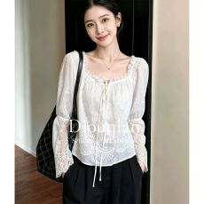 批发2026年秋季新款法式甜美风<b class='q'>泡泡袖</b>系带衬衫白色收腰显瘦高级感<b class='q'>上衣</b>