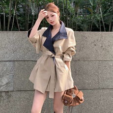 批发原版做法气质撞色中长款风衣外套女新款韩版系带收腰显瘦时尚大衣