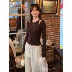 批发【官图 随心裁莫代尔260克1*1】纽扣长袖t恤女秋季吊带上衣套装