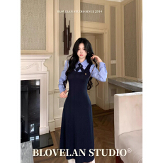 批发长袖学院风连衣裙女2026超火穿搭校园风假两件衬衫背带裙女装