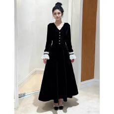 批发大码女装胖MM赫本风V领丝绒收腰长袖连衣裙2026春季显瘦气质裙子