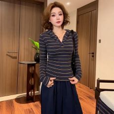 批发韩系复古撞色条纹连帽长袖T恤女秋新款<b class='q'>修身</b>显瘦百搭上衣