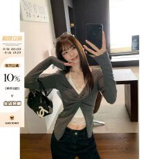 批发【原版色织条】假两件挂脖长袖t恤女秋季<b class='q'>蕾丝</b>修身内搭<b class='q'>打底衫</b>上衣