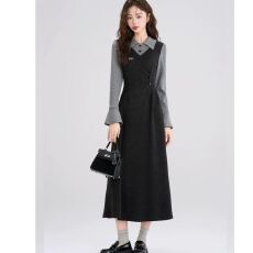 批发法式复古针织连衣裙高级感女秋冬季新款<b class='q'>大码</b>胖mm假两件黑色长裙子
