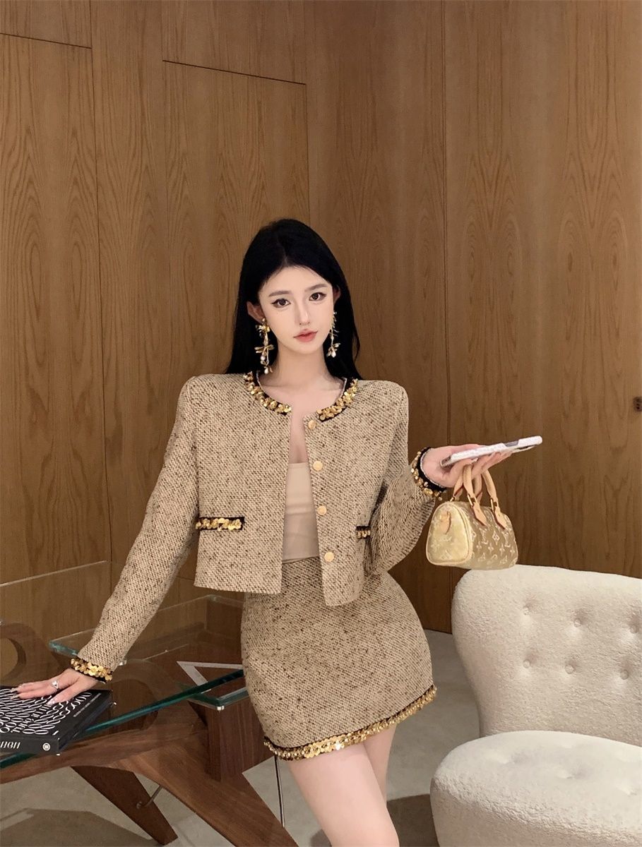 RY8407# 高级感小香风金色编织亮片羊毛呢短外套女圆领钉珠洋气短裙套装