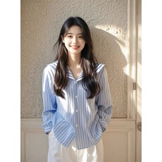 批发韩系学院风海军领长袖条纹<b class='q'>衬衫</b>女春秋季设计感小众时尚减龄上衣
