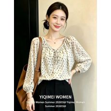 批发韩系穿搭系带v领波点<b class='q'>衬衫</b>女2026新款秋季雪纺衫巨好看漂亮上衣女