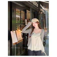 批发人棉蕾丝花边<b class='q'>波点</b>扭结吊带背心女早秋两件套灰色开衫上衣