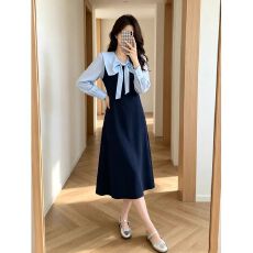 批发赫本风翻领设计感<b class='q'>蝴蝶结</b>长袖<b class='q'>连衣裙</b>女春秋新款气质显瘦撞色长裙潮