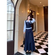 批发学院风减龄假两件长袖上衣女秋冬大码高腰<b class='q'>伞</b><b class='q'>裙</b>半身<b class='q'>裙</b>高级感两件套