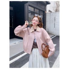 批发粉色钩花翻领皮衣<b class='q'>外套女</b>秋季2026新款甜美减龄小个子<b class='q'>短</b>款夹克上衣