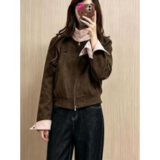 批发美式复古撞色领皮夹克皮衣<b class='q'>短</b><b class='q'>外套女</b>秋季新款拼接设计感拉链上衣潮
