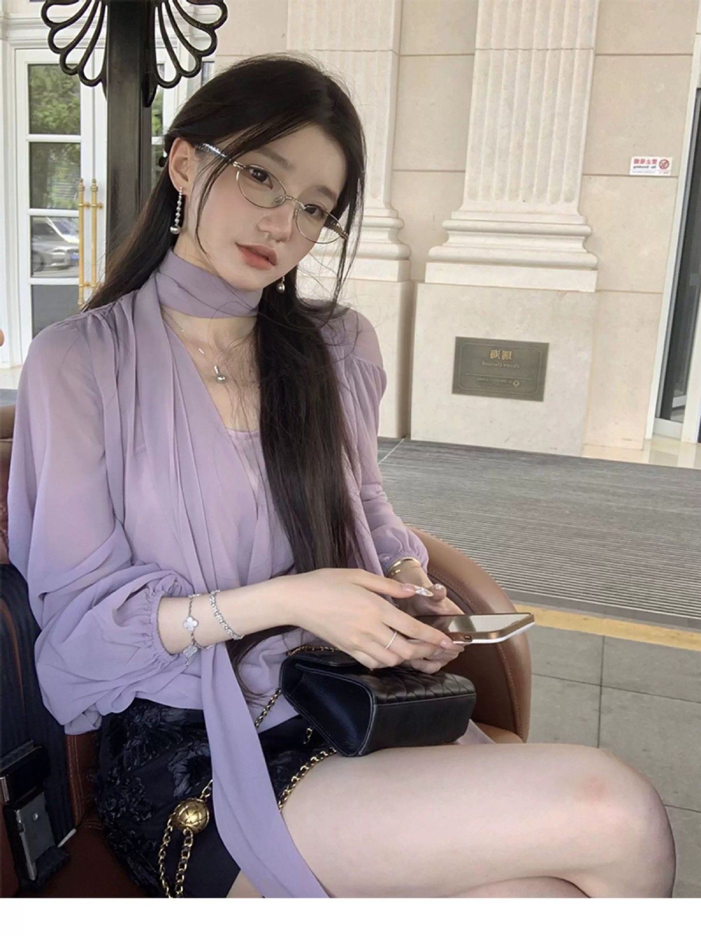RY8924# 飘带V领宽松雪纺衬衫新款法式气质高级感上衣