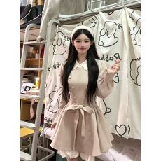 批发韩式千金风翻领长袖连衣裙女秋季生日聚会A字蓬蓬<b class='q'>短裙</b>