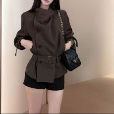 批发咖色<b class='q'>立领</b>收腰风衣外套女装秋冬复古气质宽松长袖开衫加厚外搭上衣