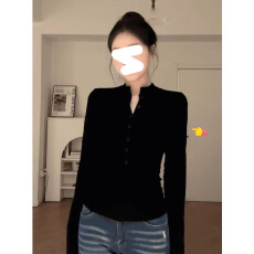 批发黑色长袖亨利领辣妹打底衫2026春季新款<b class='q'>气质</b>收腰紧身显瘦弹力上衣