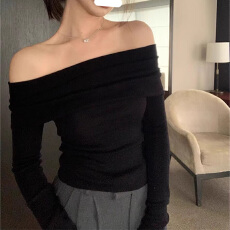 批发黑色弹力一字肩长袖修身上衣秋冬知性熟女风高级耐看显<b class='q'>气质</b>打底衫