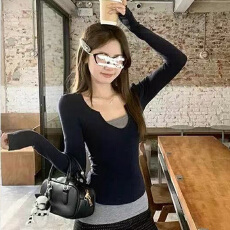 批发秋冬季森系少女风重磅拼接假两件u领弹力掐腰百搭<b class='q'>长袖</b>T恤衫