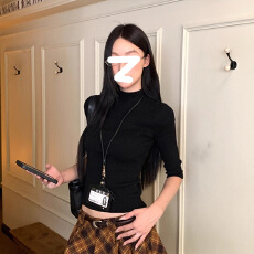 批发半高领中袖打底<b class='q'>T</b><b class='q'>恤</b>春秋季黑色修身<b class='q'>欧美</b>甜酷风气场全开显比例上衣