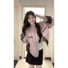 批发韩系<b class='q'>甜美</b>温柔风拼接撞色粉色皮衣外套女秋季新款休闲百搭立领夹克