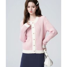 批发粉色圆领毛衣外套女<b class='q'>春秋</b>2025秋新款小香风撞色宽松针织开衫短上衣