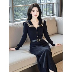 批发韩国POLO海军领毛衣针织连衣裙秋<b class='q'>冬</b>小个子学院赫本风小黑裙打底裙