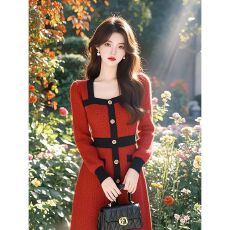 批发韩国圣诞氛围感穿搭新年敬酒红色毛衣连衣裙女秋<b class='q'>冬</b>小香风针织长裙