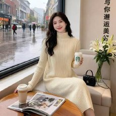 批发韩国秋冬季高领加厚针织毛衣连衣裙甜美<b class='q'>通勤</b>气质显瘦打底过膝长裙