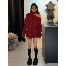 批发新款韩版时尚甜辣气质针织围脖+露肩毛衣＋高腰短裙3件套