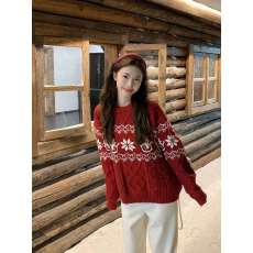 批发圣诞主题氛围感提花大码毛衣女秋冬新款加厚针织衫上衣潮