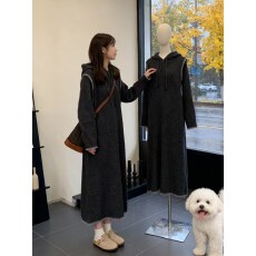 批发韩国慵懒风连帽宽松针织连衣裙女2025秋<b class='q'>冬</b>新款高级感显瘦毛衣长裙