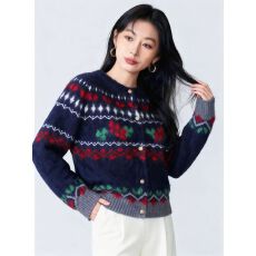批发费尔岛风圣诞提花羊绒衫女冬季<b class='q'>新款</b>单排扣开衫宽松圆领氛围感<b class='q'>毛衣</b>