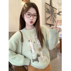 韩系绿色水貂毛衣秋冬2025新款慵懒针织衫冬季上衣加厚宽松