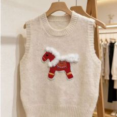 批发2026叠穿春秋季新款圆领小马刺绣宽松毛衣背心女外针织马甲上衣