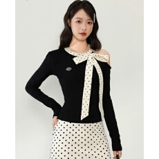 批发miu系波点露肩长袖T恤上衣女<b class='q'>春</b>秋修身斜肩打底衫短裙两件套装