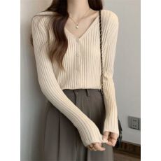 批发v领短款针织开衫女春秋外套长袖韩版百搭修身内搭咖色毛衣打底衫