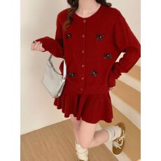 批发新款大码韩版两件套针织蝴蝶结网红款时尚套装