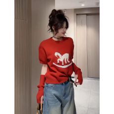 批发韩版设计感小众复古长袖圆领短款<b class='q'>木马</b>提花可拆卸袖套针织衫毛衣女