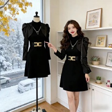 批发小个子短裙春<b class='q'>秋</b>休闲装黑色气质修身连衣裙新款长袖收腰显