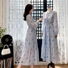 批发<b class='q'>欧美</b>休闲雪纺女法式轻奢蓝冰玫瑰长<b class='q'>裙</b><b class='q'>韩国</b>chic边松紧腰