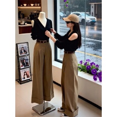 韩版露肩黑色显瘦V领百搭秋季新款松弛慵懒感德绒上衣