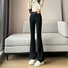 批发春季新爆款高腰<b class='q'>弹力</b>牛仔百搭微喇叭裤子修身显瘦长裤黑色女裤