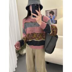 批发2026春季新款韩版条纹撞色圆领套头毛衣女宽松针织罩衫外穿