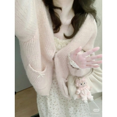 批发粉色软糯v领针织开衫<b class='q'>女</b>2026春季<b class='q'>新款</b>宽松慵懒风外搭毛衣