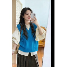 批发2026年韩系v领学院纯色针织背心女马甲宽松毛衣针织马甲