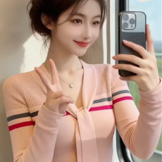 批发甜辣妹收腰修身短款针织打底衫女秋<b class='q'>冬</b>季法式v领条纹长袖上衣