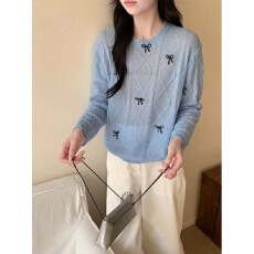 批发甜美淑女风菱形麻花针织衫女韩系减龄蝴蝶结装饰春季薄款毛衣上衣
