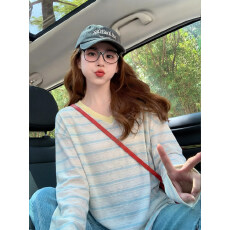 批发雪花棉长袖蓝白色条纹<b class='q'>t</b><b class='q'>恤</b>女夏季薄款防晒服罩衫2026新款V领上衣